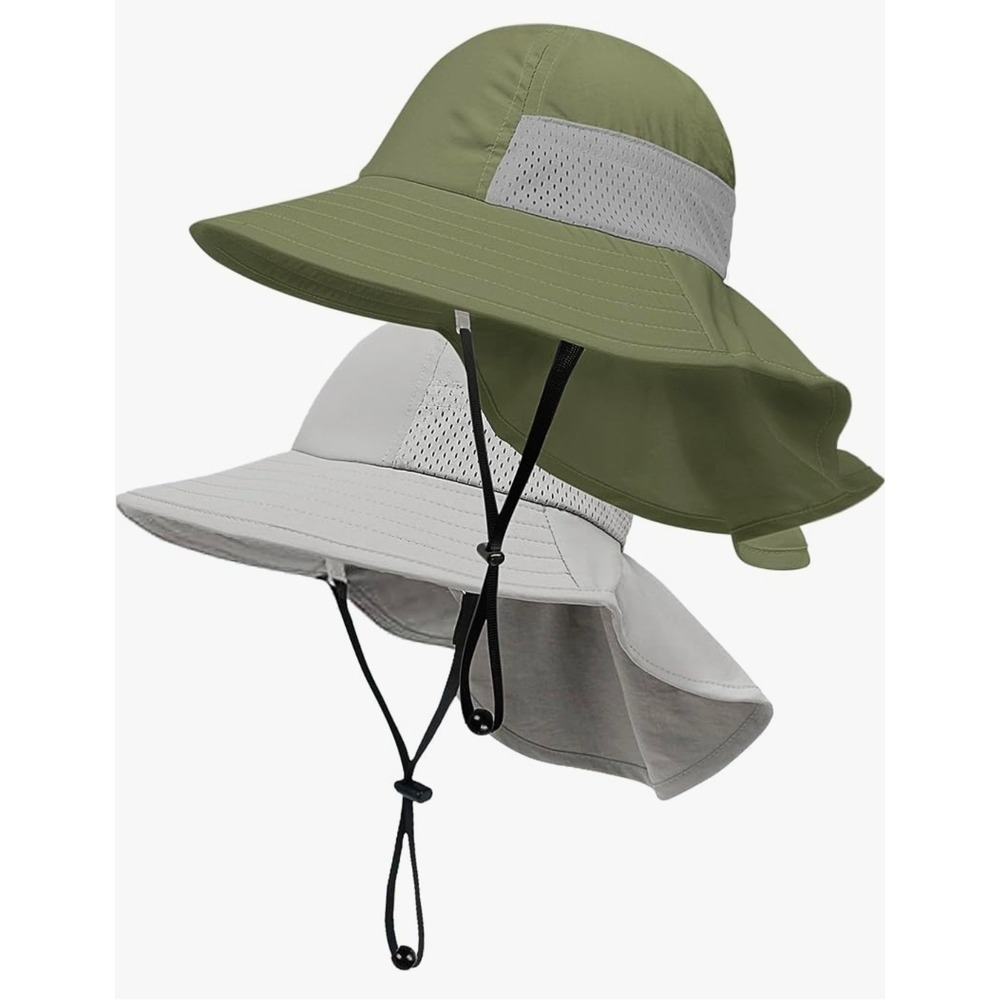 Kids Sun Hat UPF 50+ Adjustable Wide Brim Beach Neck Flap Olive Gray Size M 2-5Y